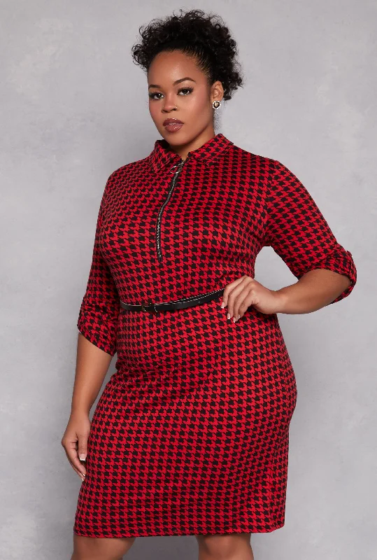 Plus Size Houndstooth Half Zip Midi Dress